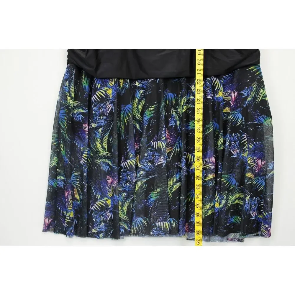 Bloomchic Swim Dress Halter Sheer Skirt‎ Women 28 Black Floral Swimwear